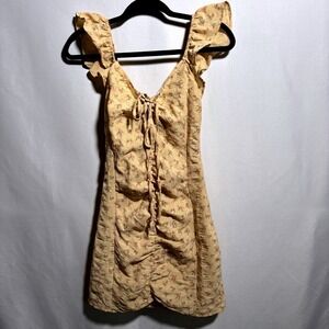 Cider Floral Mini Dress Ruffle Sleeve Tie Front Ruched Bodycon Yellow S Coquette